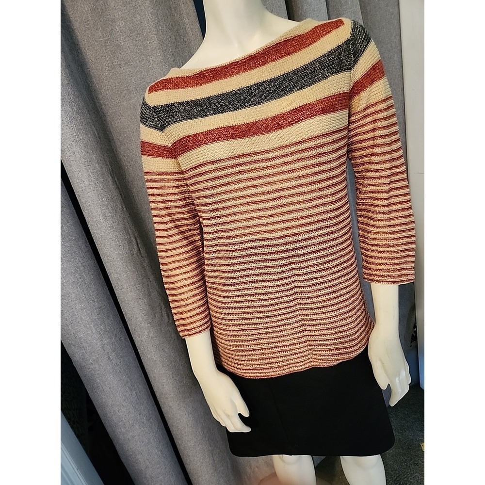 LRL RALPH LAUREN Womens Small Linen‎ Blend Patriotic Stripe Open Knit Sweater